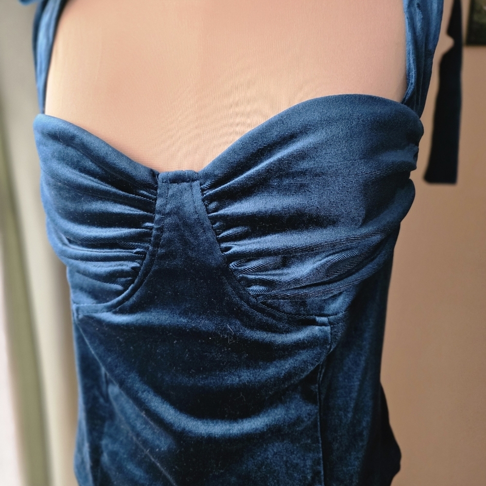Teal Velvet Cami Corset Tank Top Adjustable Tie Straps If By Sea Women's Large - Picture 6 of 13